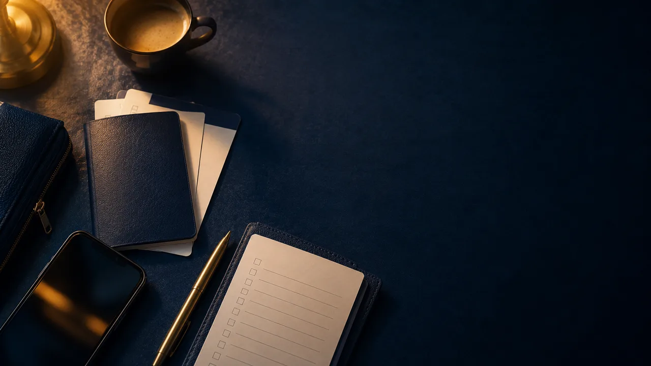 Dark travel preparation desk with a blank passport, phone, pen, checklist, and open negative space for readiness copy.