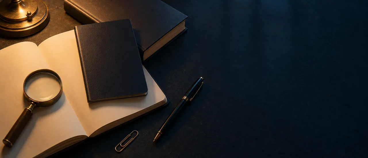 Dark research desk with a blank passport-like booklet, blank notebook, reference book, and magnifier.