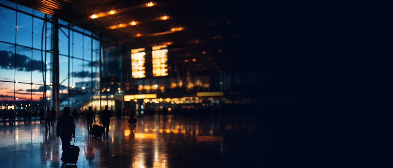 Cinematic airport terminal scene with warm blurred light boards and travelers in motion.